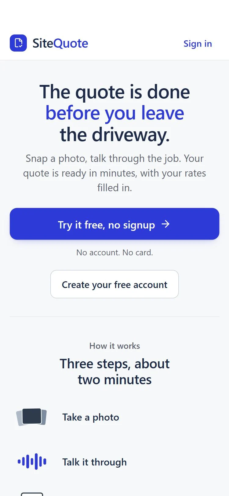 SiteQuote on a phone: the quote is done before you leave the driveway